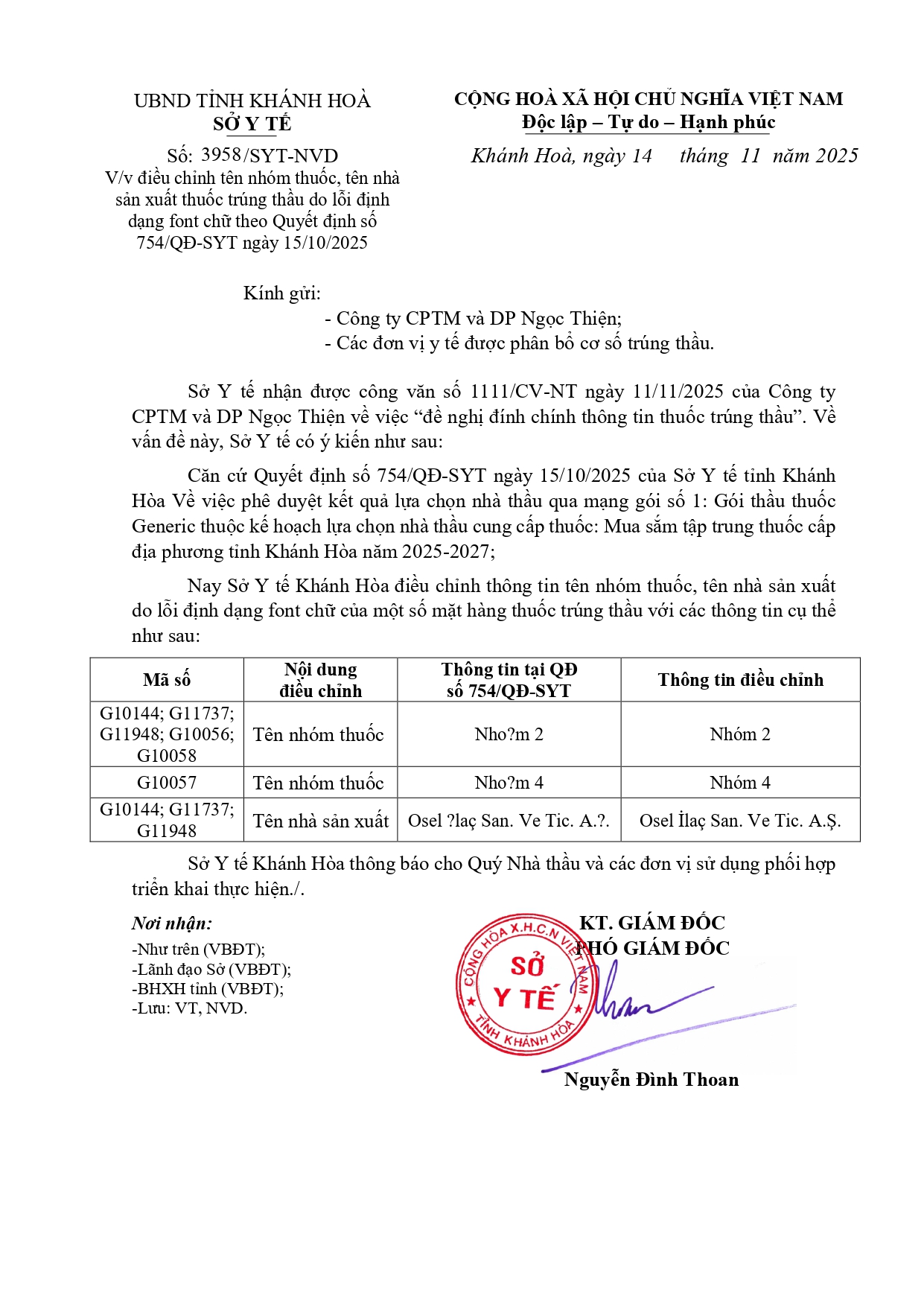 V/v điều chỉnh tên nhóm thuốc, tên nhà sản xuất thuốc trúng thầu do lỗi định dạng font chữ theo Quyết định số 754/QĐ-SYT ngày 15/10/2025